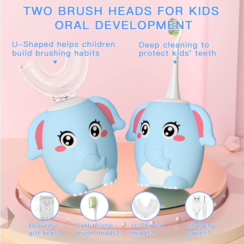 [Australia] - Kids Electric U Shaped Toothbrush Children Rechargeable Sonic Toothbrush with 4 Brush Heads Full Mouth 6 Cleaning Modes - (Age 2-7 Blue) Blue Elephant（Ages 2-7） 