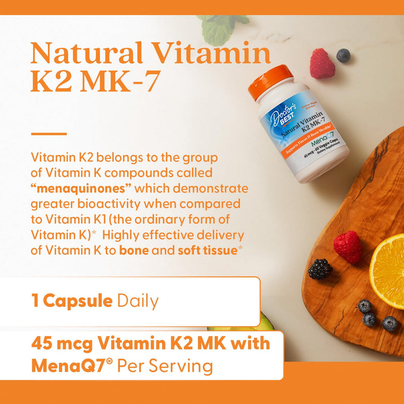 Doctor's Best Natural Vitamin K2 MK7 Supplement for Men & Women - Bone Health Support, 45 mcg Vitamin K-2 MK-7 Capsules with MenaQ7, Calcium Support, Non GMO, Vegan - 60 Veg Caps 60 Count (Pack of 1)