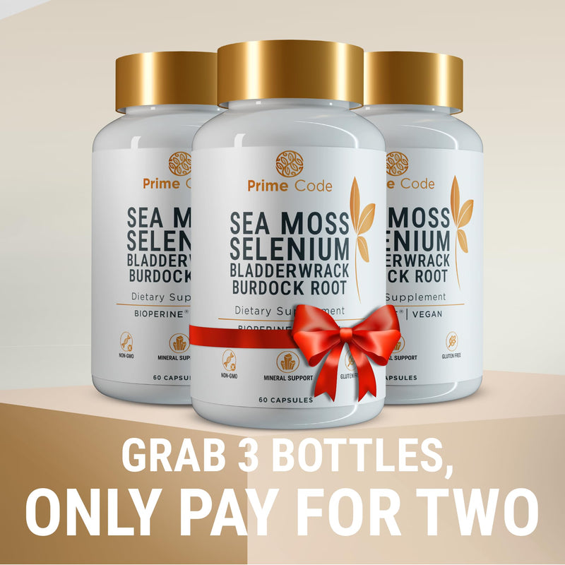 Prime Code Sea Moss Capsules with Selenium – 3-in-1 Blend with Bladderwrack & Burdock Root – Supports Immune Health & Daily Wellness – Vegan – 60 Capsules
