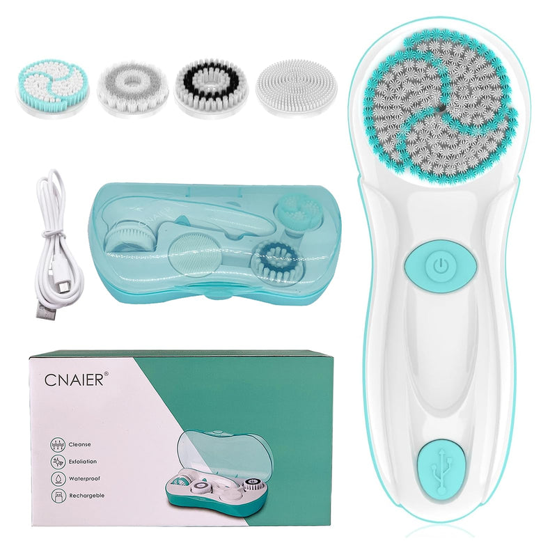 [Australia] - Facial Cleansing Brush, Electric Face Scrubber with 4 Cleanser Heads and 2 Speeds Adjustable for Deep Cleaning, Portable Rechargeable and Waterproof Face Wash Brush for Women & Men (Green) Green 