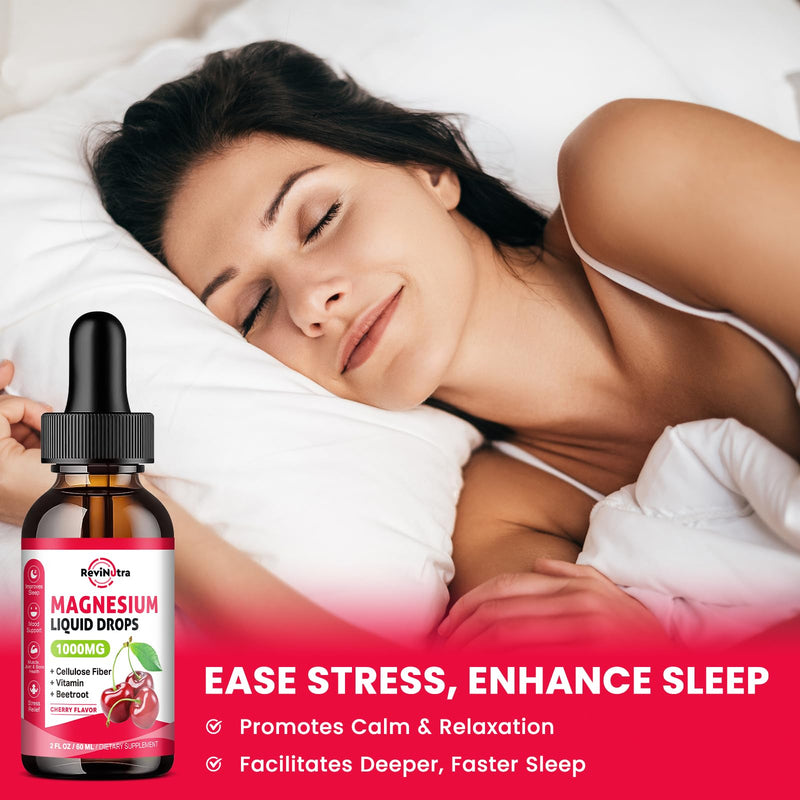 Magnesium Glycinate Liquid Drops, 1000mg Magnesium Glycinate, Citrate & Taurate with Fiber, Beetroot, Vitamin B & C for Sleep, Calm, Muscle, Energy & Relaxation, 2 Fl Oz, Sugar-Free Cherry Flavor 2 Fl Oz (Pack of 1)