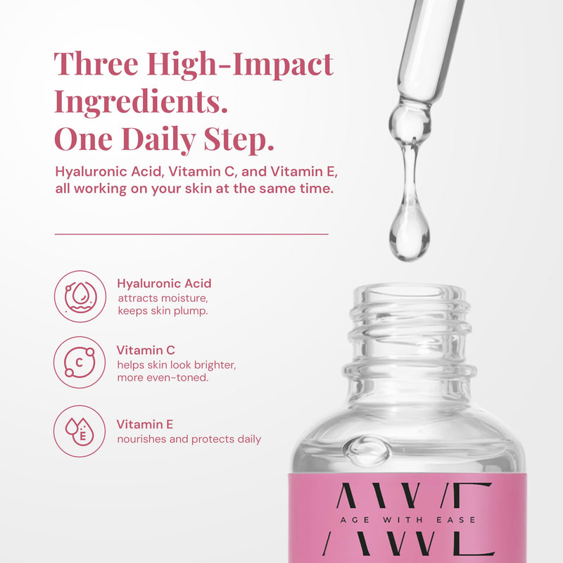 Age with Ease Hyaluronic Acid Serum with Vitamin C and E – 5% Hyaluronic Acid, Brightening Anti-Aging Face Serum, Dark Spot Treatment, Hydrating Skin Serum