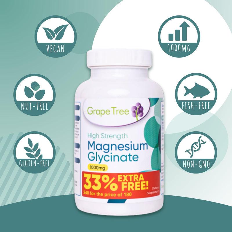Grape Tree Magnesium Glycinate 1000mg Supplements 240 Vegan Tablets with 140mg of Elemental. High Strength Magnesium Supplements. Easy to Digest Tablets for Sleep and Energy.