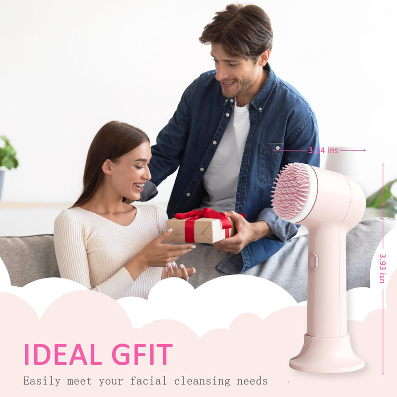Electrical Facial Cleansing Brush, Multi-Function Face Wash Brush with Base and 2 Brush Heads, Portable Face Scrubber for Deep Skin Cleaning and Gentle Exfoliating (Pink) Pink