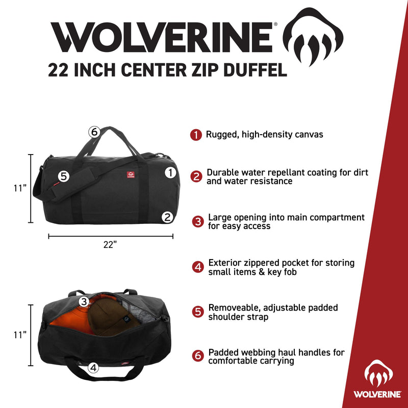 WOLVERINE Center Zip Duffel - High-Density Canvas with Dirt & Water Resistant Coating Chestnut 22 Inch, 37L Capacity