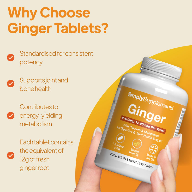 Ginger Tablets | Supports Joints, Bones & Energy | with Added Calcium & Manganese | 240 High-Strength Tablets = 4 Months’ Supply | Joint and Digestive Support | GMP-Certified & UK-Made Unflavoured 1 count (Pack of 240)