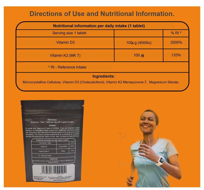 Vitamin D3 & Vitamin K2 (MK7)- 365 Tablets 1 Year Supply - High Strenght Vitamin D3 4000 iu & Vitamin K2 100ug Supplement- UK Made