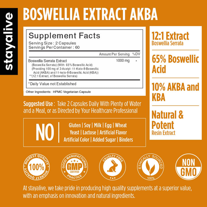 [Australia] - STAY ALIVE Boswellia Serrata Extract Capsules 1000mg with AKBA and 65% Boswellic Acid, 12:1 Resin Extract Powder, 120 Count for 2-Month Supply, Non-GMO and Gluten-Free Boswellia Supplement 