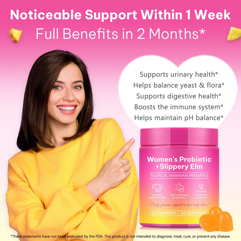 Vaginal Probiotics Gummies for Feminine PH Balance, Feminine Probiotics Gummies for Healthy Odor, Yeast Balance, Flora, Gut Health, Immune System with Slippery Elm, Prebiotics & Lactobacillus Bl