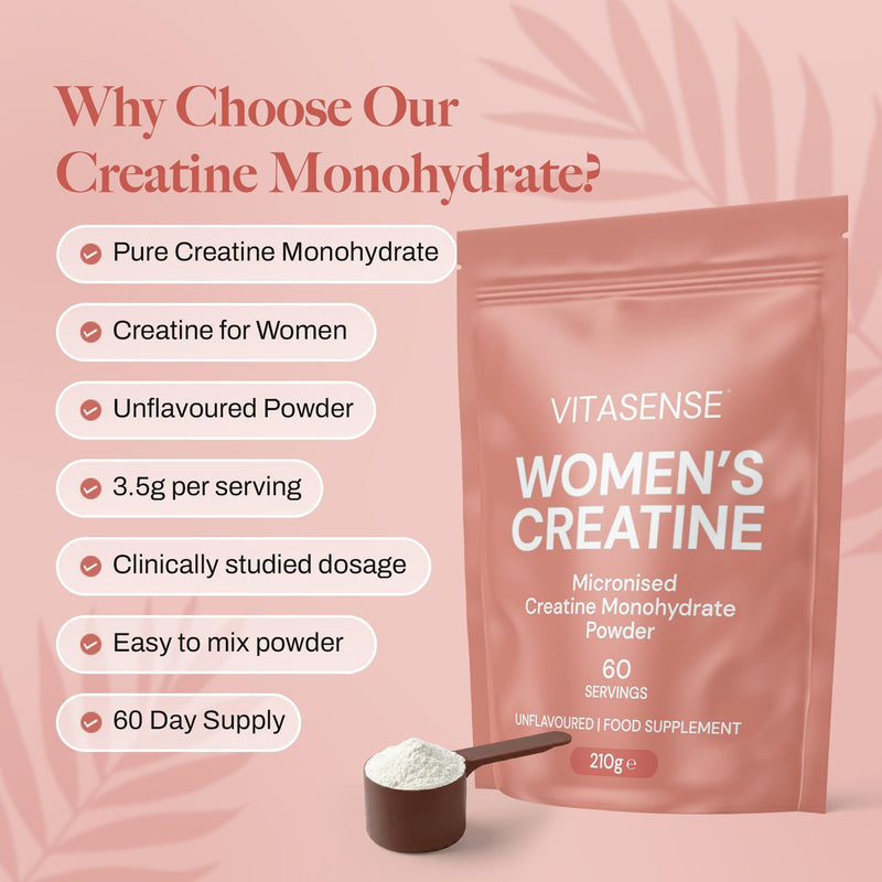 Women's Creatine Monohydrate Powder 210g – Unflavoured, 100% Pure Micronised Creatine for Women, Easy to Mix Creatine Powder for Strength, Performance & Active Lifestyle | 60 Servings