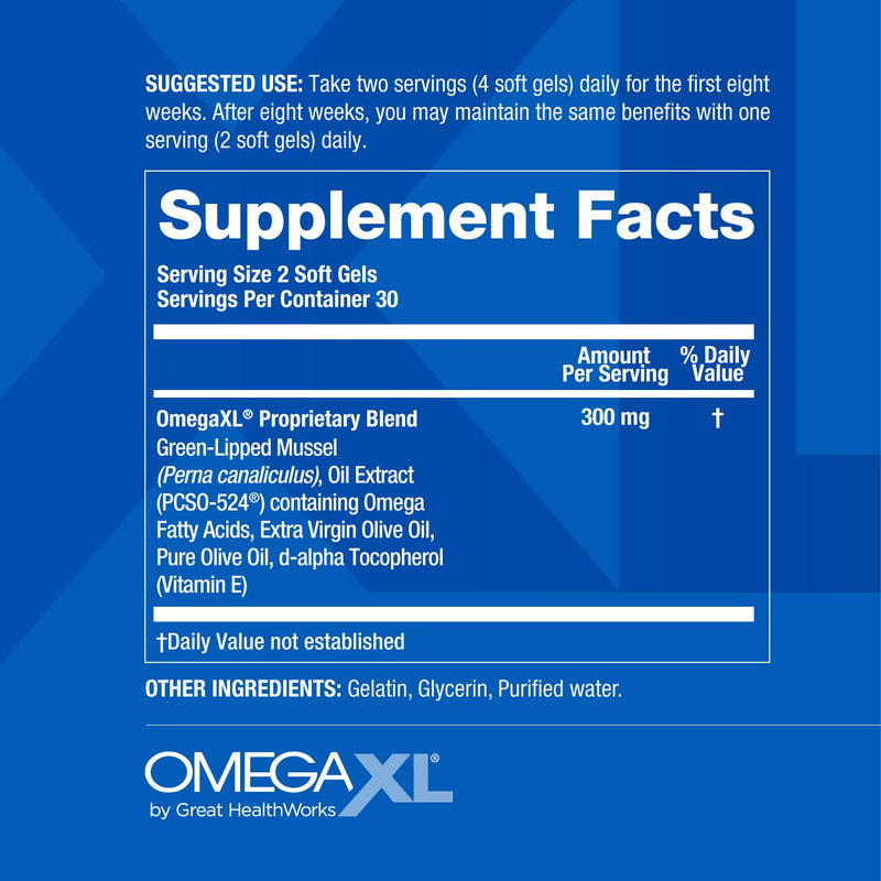 OmegaXL Joint Support Supplement, 60 Count | Green Lipped Mussel Oil, Soft Gel Pill, Natural Joint and Muscle Support Supplement, Clinically Supported, Non-GMO, Drug-Free 60 Count (Pack of 1)