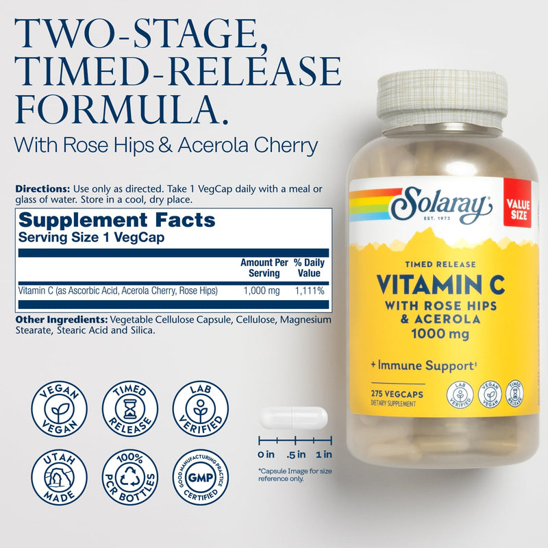 SOLARAY Vitamin C 1000mg and Mullein Leaf Wellness Bundle - Time Release Vitamin C Supplement and Mullein Capsules, Traditionally Used for Wellness Support - Vegan, 60-Day Guarantee, 275/100 VegCaps
