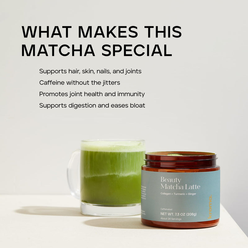 [Australia] - KROMA. Ceremonial Grade Matcha Powder, Gluten Free Green Tea Collagen Powder with Mushrooms, Ginger, Turmeric, L Theanine, Maca, Matcha Latte Powder with Natural Caffeine for Energy Support Matcha Latte Jar 