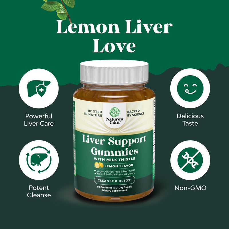 Natures Craft Cleansing Herbal Liver Detox Gummies Liver Support Milk Thistle Gummies with Artichoke Extract Turmeric Curcumin and L-Carnitine - Vegan and Non-GMO - Sweet Lemon - 60 Count (Pack of 1) 60 Count (Pack of 1)