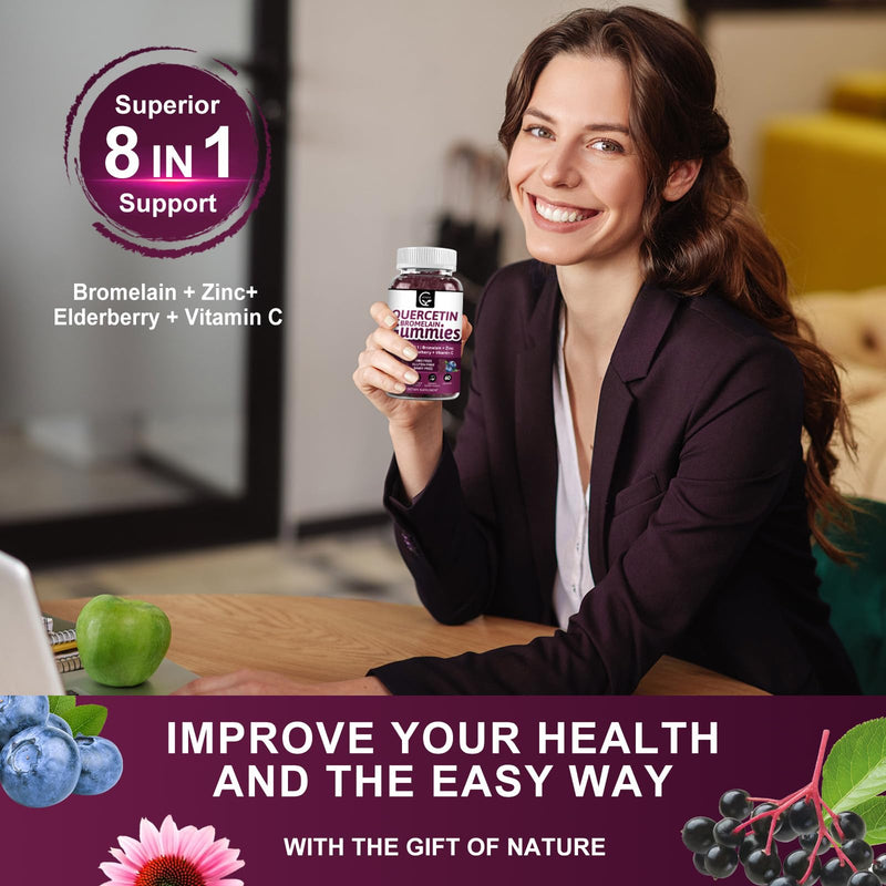 Quercetin Gummies with Bromelain 2378mg - Blend with Elderberry, Echinacea Purpurea Extract, Zinc, Vitamin C,D3,K2, Complex Supports Immune, Cardiovascular & Respiratory, Vegan Gummy for Adult & Kid | Quercetin Supplement with Echinacea for Cardiovascu...