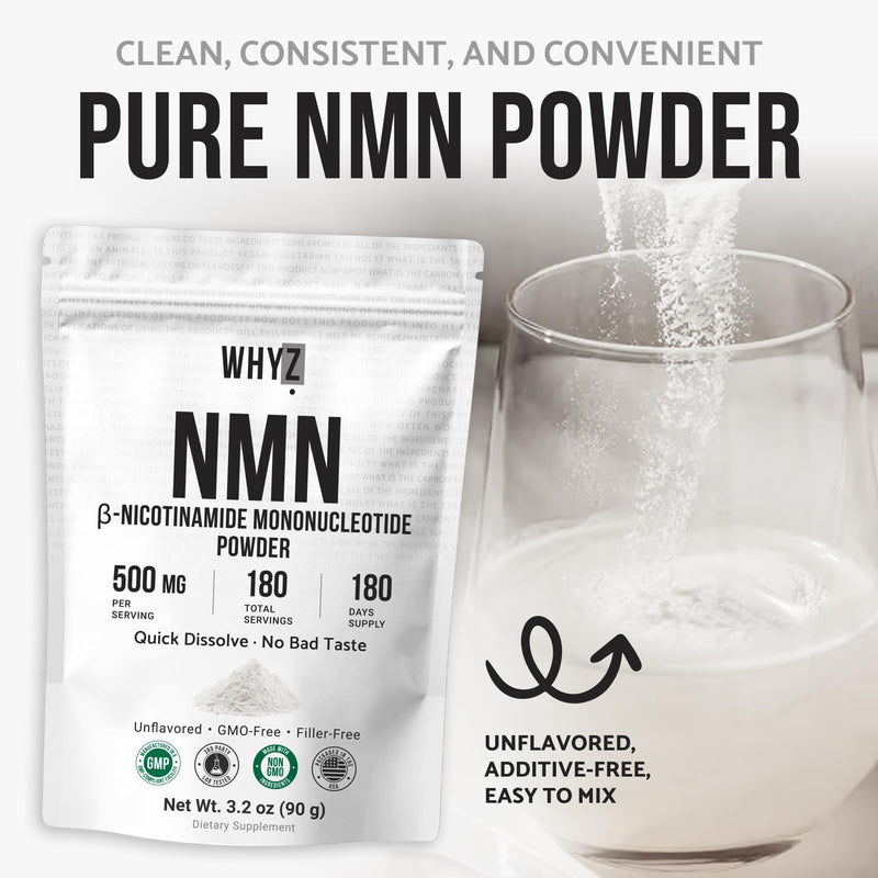 Pure NMN Powder Nicotinamide Mononucleotide Quick Dissolved NMN Supplement Powder 100% Unflavored NMN Supplement Supports NAD+ Levels Vegan Friendly Non-GMO, 180 Servings, 3.2 oz (90g) 3.2 Ounce (Pack of 1)