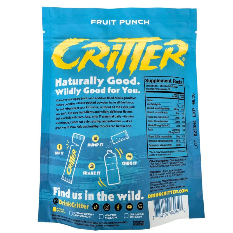 [Australia] - Critter Vitamin H2O ‚Äì Kids‚Äô Hydration & Multivitamin Drink Mix ‚Äì Electrolytes, Essential Vitamins, Delicious Natural Flavors ‚Äì 30 Single-Serve Packets 