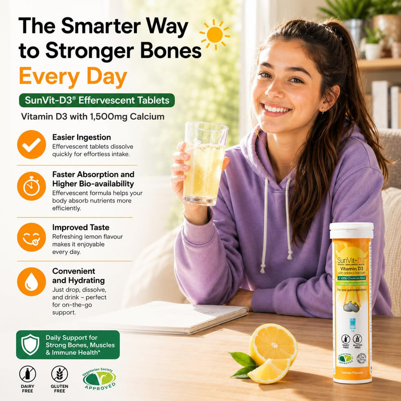 Sunvit-D3 Dissolvable Effervescent Lemon Calcium Fizzy Tablets 600mg, with Vitamin D3 400IU Daily Support for Strong Bones & Immune Health, Effervescent Calcium and Vitamin D Tablets 14 X 4 Tubes