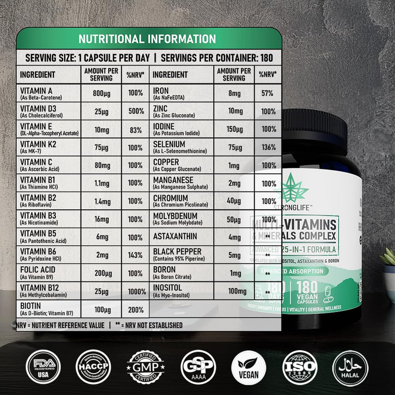 Multivitamin Capsules 25 -in- 1 for Men & Women | 180 Capsules | 180-Day Supply | Full Daily Support with Essential Vitamins, Minerals & Nutrients