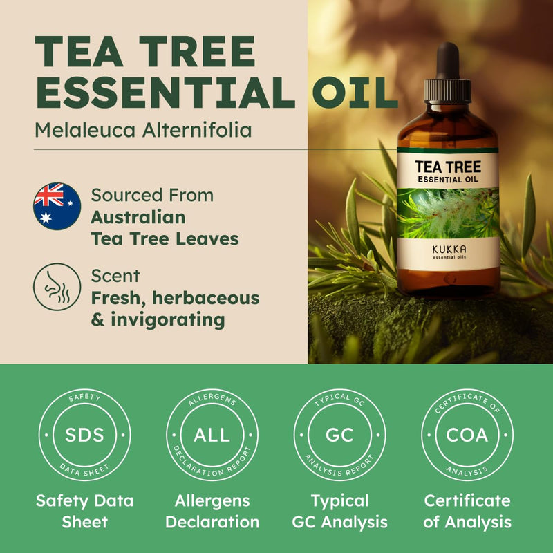[Australia] - Kukka Essential Oils Tea Tree Oil for Skin, Hair, Nails & Toenails, Aromatherapy - 4 Fl Oz / 118 ml, DIY Soap Making Scents 
