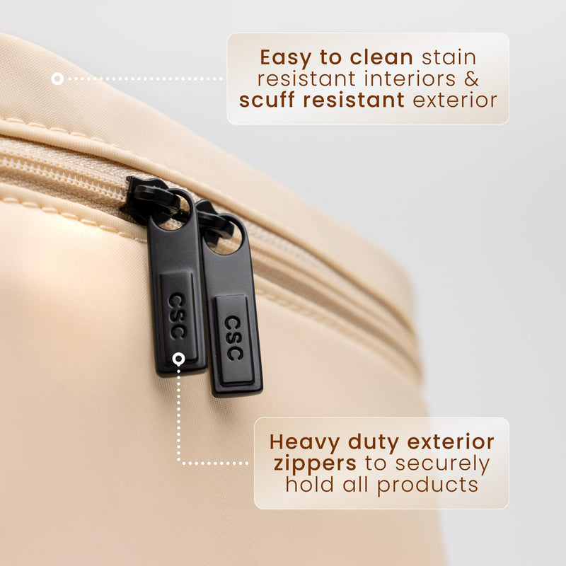 CLEAN SKIN CLUB Clean Towels XL Dedicated Travel Cosmetic Makeup Bag, Portable Large Capacity Beauty Toiletry Water Resistant Organizer Case with Dividers, Zipped Compartments Sand