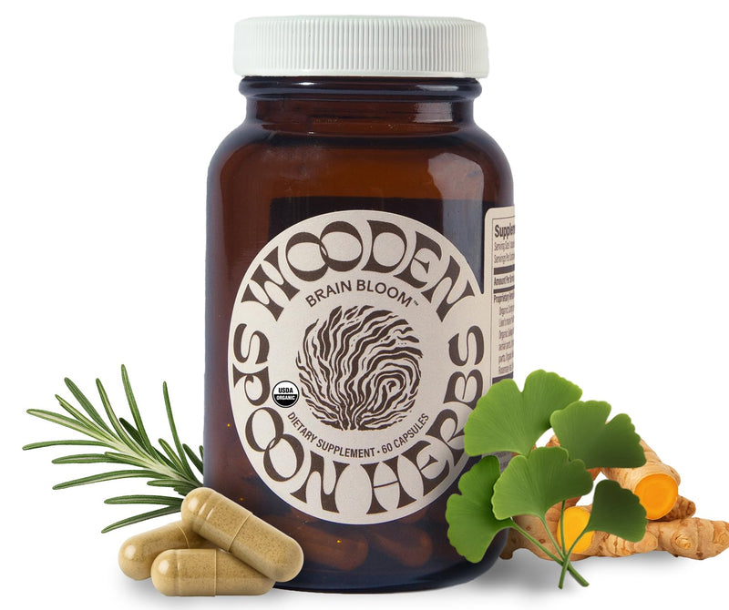 [Australia] - Wooden Spoon Herbs Brain Bloom | USDA Certified Organic Brain Supplement for Memory & Focus | 8 Herb Complex with Rosemary, Bacopa, & Lion's Mane | Gluten-Free, Non-GMO, Vegan (60 CT, Capsules) 