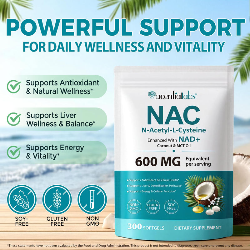NAC N-Acetyl L-Cysteine 600 mg Softgels with NAD+ | Enhanced with Coconut & MCT Oil for Absorption | Supports Antioxidant, Liver & Cellular Health | Non-GMO, Gluten Free | 300 Softgels (100 Day Supply