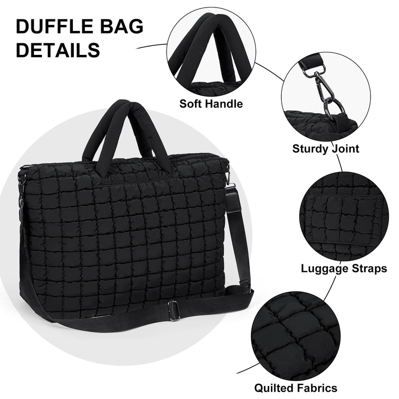 Quilted Duffle Bag for Travel, Large Puffer Duffel Weekender Bags Soft Gym Tote, Big Puffy Carry on Luggage Overnight Black