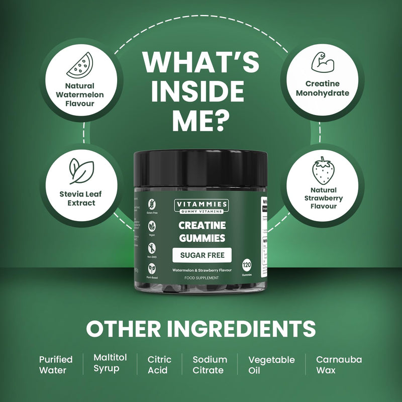 Vitammies Vegan Sugar Free Creatine Monohydrate Gummies for Muscle Gain | More Strength | Faster Recovery | Clinically Studied Creatine 5g Dose | Watermelon Strawberry Flavour | 30 Servings