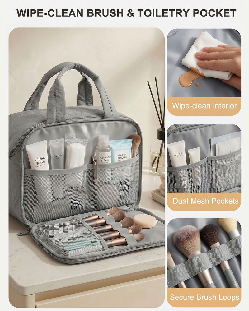 Large Quilted Toiletry Bag for Women, Puffy Travel Makeup Organizer with Removable Divider & Shoulder Strap, Waterproof Standing Cosmetic Case for Full-Size Toiletries, Gym, Vacation Light Gray