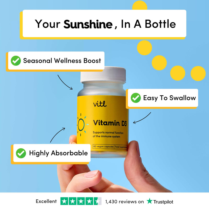 Vitl Vitamin D3 Supplement - 60 Vegan Softgel Capsules - Support for the Immune System, Bones & Joints, Teeth, Muscles and Heart - 2 Month Supply 60 count (Pack of 1)