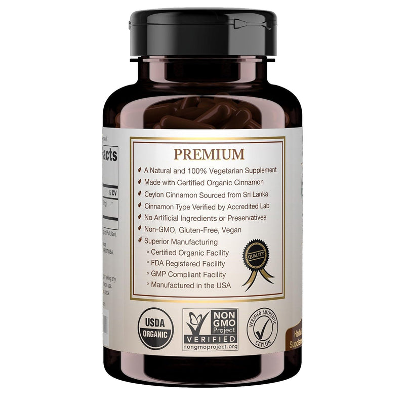 [Australia] - USDA Certified Organic Ceylon Cinnamon Capsules, Non-GMO Verified Supplement - 120 Capsules, 2 Month Supply 