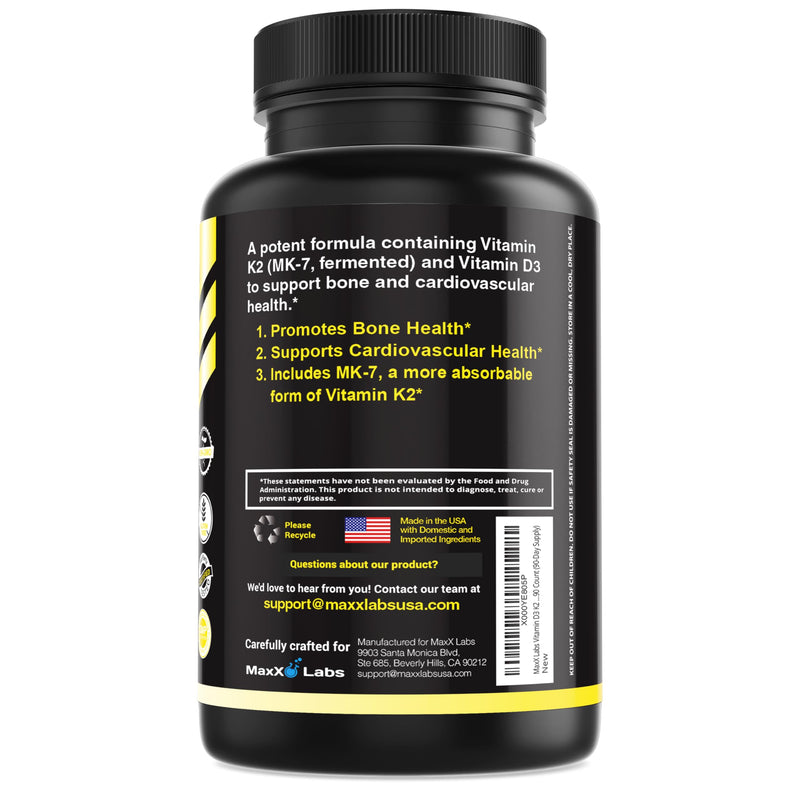 Vitamin D3 K2 3000 IU with Vitamin K as MK-7 from Natto, Non-GMO, 90 Ct | High Potency Vitamin D Supplement Support Healthy Bones, Teeth, Heart & Immune Function - Gluten Free, USA Made, 90 Servings 90 Count (Pack of 1) Vitamin D3 + K2 Capsules