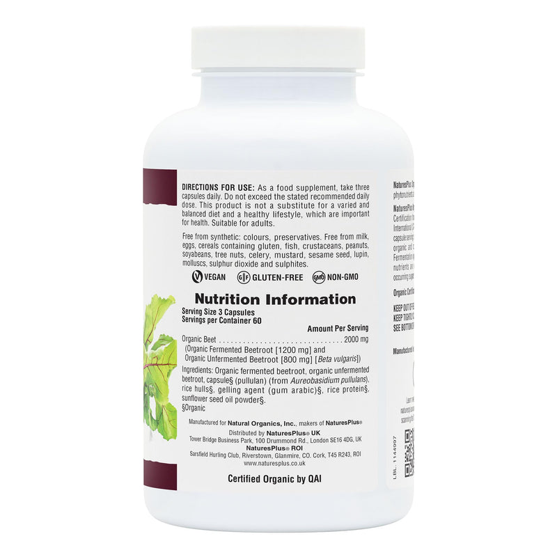 NaturesPlus Organic Beet Capsules - Fermented and Non-Fermented Beet Powder - Lower in Sugar, Naturally Occurring Nitrates - Organic, Gluten Free, Vegan - 180 Capsules, 2 Months Supply 180 count (Pack of 1)