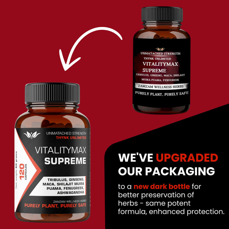 Vitality Max Supreme - Premium Vitality Health Supplement with Fenugreek, Panax Ginseng, Ashwagandha, Maca, Tribulus Terrestris, Himalayan Shilajit - 120 Vegan Supplements Capsules