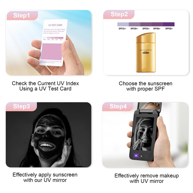 UV Camera for Sunscreen Test UV Mirror Sunscreen Camera, 4 Inch Vanity Mirror Rechargeable Compact Travel Makeup Mirror Handheld Double-Sided Pocket Mirror for Skin Protection(Dark Black) Dark Black