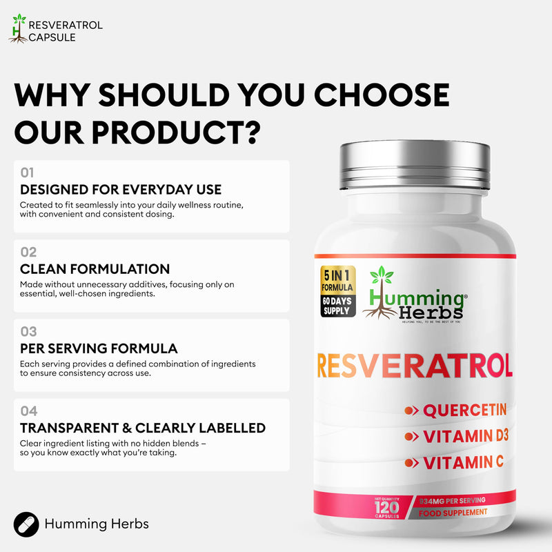 Humming Herbs Resveratrol with Quercetin, Vitamin C, Zinc & Vitamin D3-120 Vegan Capsules