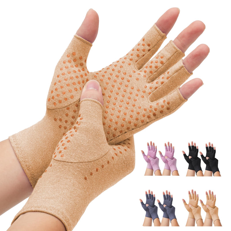 DRNAIETY 2-Pair Arthritis Compression Gloves- for Hand Arthritis, Carpal Tunnel Pain, Rheumatoid Arthritis, RSI, Fingerless, Anti-Slip, Breathable Gloves for Men & Women, Typing, Daily Use(M Brown) Medium