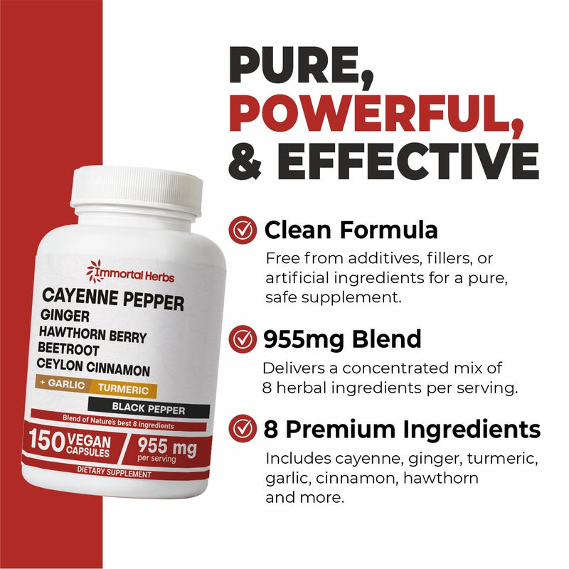 [Australia] - Cayenne Pepper Capsules w/Garlic, Ginger, Hawthorn, Turmeric, Cinnamon, Beet Root and Black Pepper Extract, 150 Cayenne Capsules, Non-GMO & Gluten Free Capsaicin Supplement 