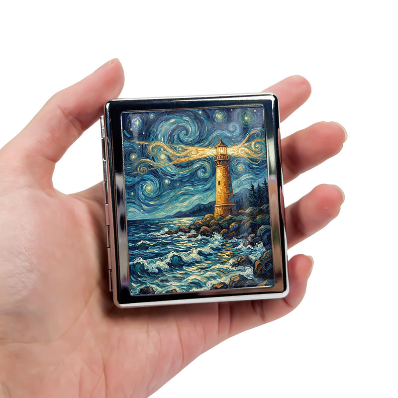 Metal 7 Day Pill Organizer, Cute Small Weekly Pill Case with 8 Compartments for Travel, Moisture-Proof Medicine Holder for Purse, Compact Daily Vitamin Box (Lighthouse Night) Lighthouse Night