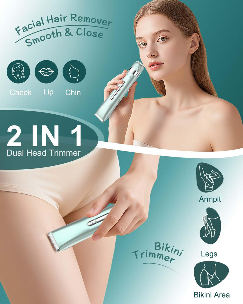 [Australia] - Electri Razors for Women, 2 in 1 Bikini Trimmer for Women Painless Bikini Shaver for Bikini, Underarm, Legs, Arms Waterproof, USB Rechargeable Facial Hair Trimmer Green 
