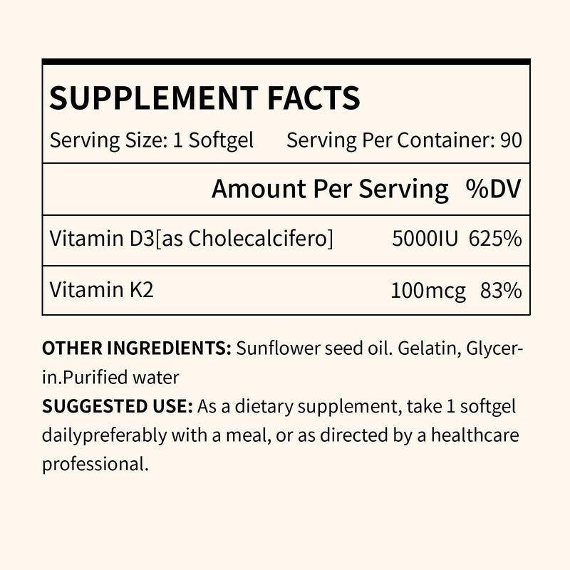 Vitamin D3 & K2 Vitamin Supplement for Men & Women,Vegan-Friendly 5000 Iu D3 and 100 Mcg K2 (Mk-7) Immune, and Overall Health -90 Softgels 90 Count (Pack of 1)