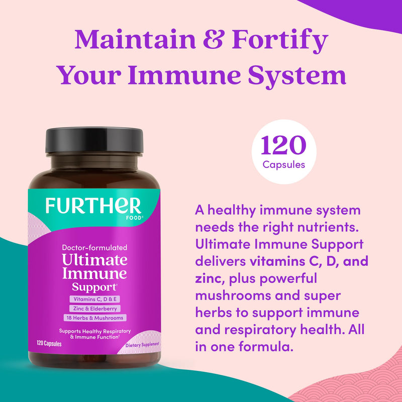 Further Food Ultimate Immune Support Capsules, 120 Vegan Capsules | With Vitamins C, D, E & Zinc, Antioxidants, Herbal Supplement for Immune & Respiratory Support 120 Count (Pack of 1)