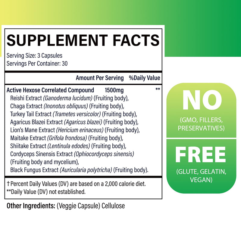[Australia] - Active Hexose Correlated Compound 1500 mg Supplement, Natural 8 Mushroom Extract Supplement, Immune System, Liver Function, Natural Killer and T Cells Activity, 90 Veggie Capsules 90 Count (Pack of 1) 