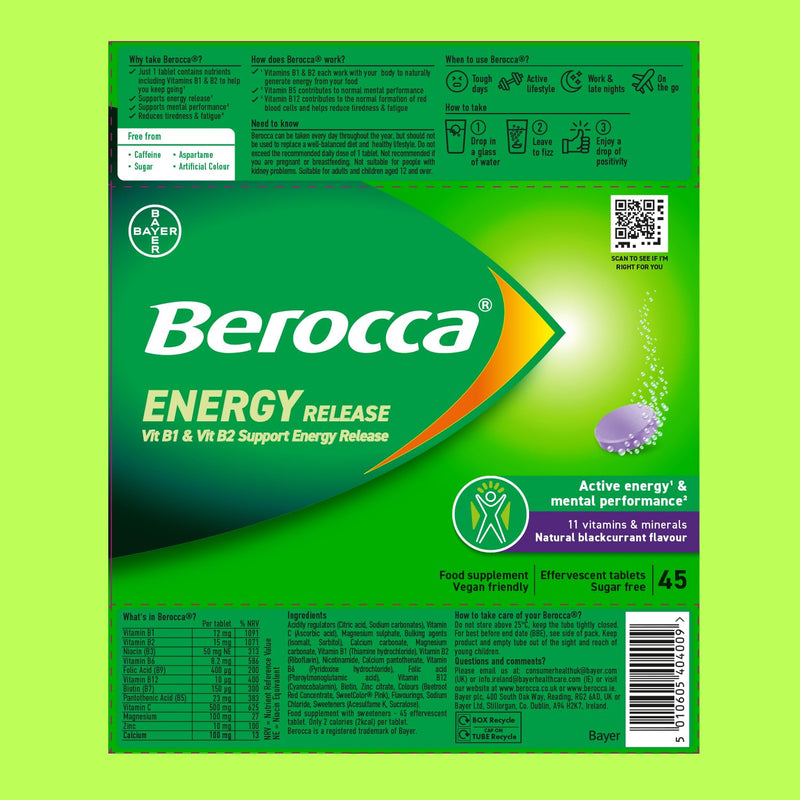 Berocca Vitamin C Effervescent Tablets - Including B Vitamins, Magnesium, Calcium & Zinc - Support Energy Release & Immune System - 45 Tablets - Blackcurrant Flavour