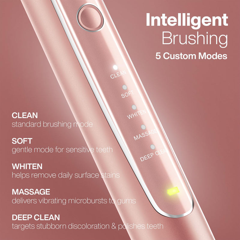 Aquasonic Vibe Series PRO – Ultra-Whitening Electric Toothbrush – 5 Modes & Smart Timers – Premium Travel Case & 6 Proflex Brush Heads – ADA Accepted Toothbrush (Rose Gold) Rose Gold