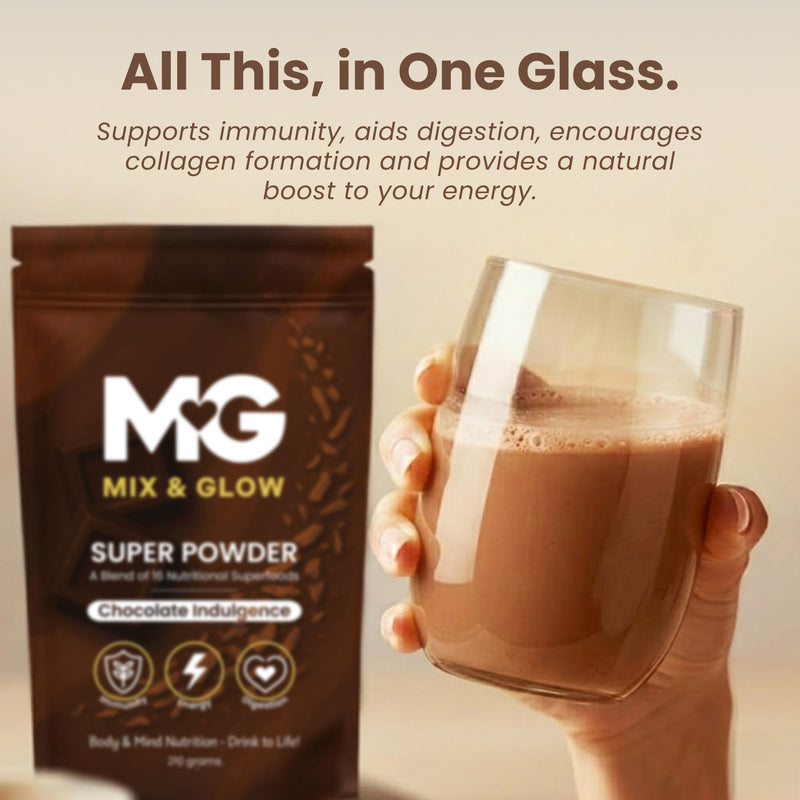 Mix & Glow Super Powder | 16 Advanced Superfoods, Prebiotic Herbs, Greens and Adaptogens Including Turmeric, MCT Oil & Cacao | Vegan & Gluten Free | 30 Servings | Chocolate Indulgence
