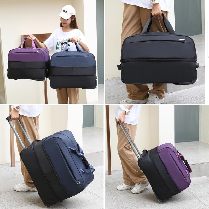 Expandable Rolling Duffel Bag with Wheels, Lightweight Roller Travel Tote for Women Men, Carry On Overnight Weekend Bag for Business Trip Travel Black S