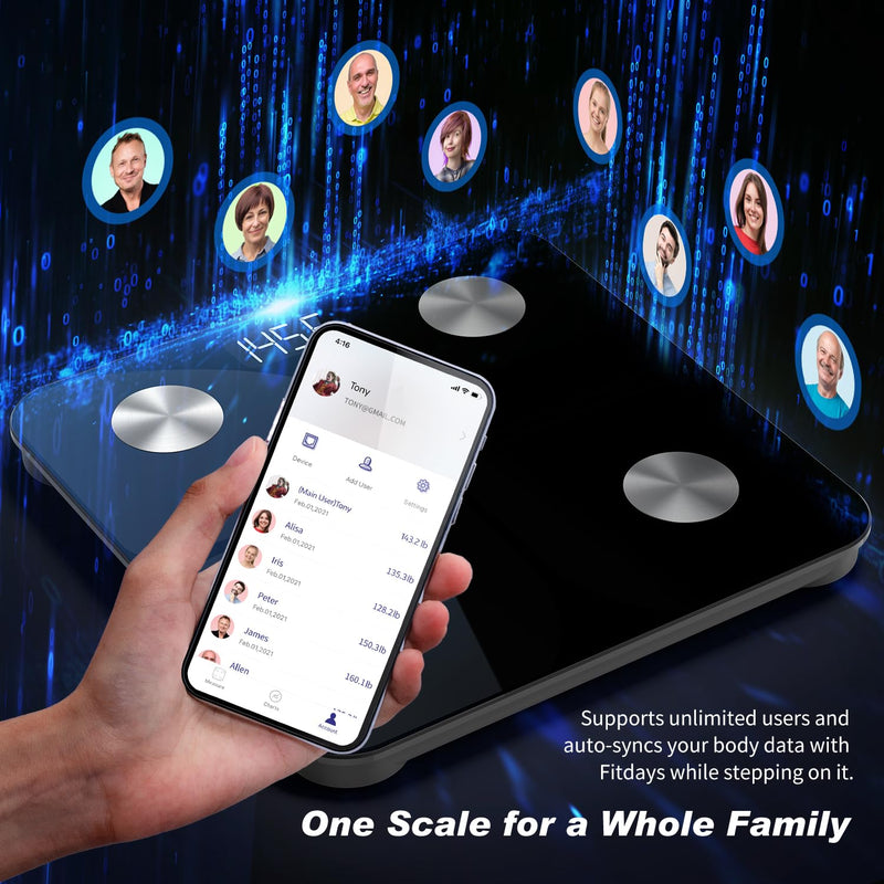 [Australia] - Body Fat Scales, Digital Scales 2025 with Body Fat and Muscle Mass with APP 180kg/400lbs, People Scales Bluetooth Body Scales for Body Fat, BMI, Weight, Water and Muscle Mass Black 260mm/10.3" 