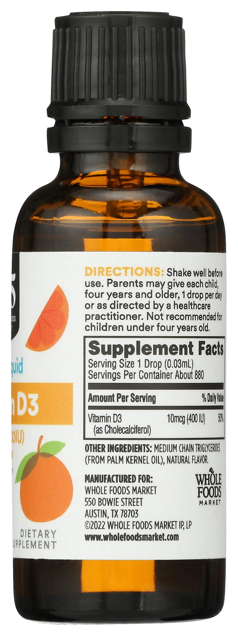 365 by Whole Foods Market, Vitamin D-3 Liquid 400Iu Tangerine Flavor, 1 Ounce 1 Fl Oz (Pack of 1)